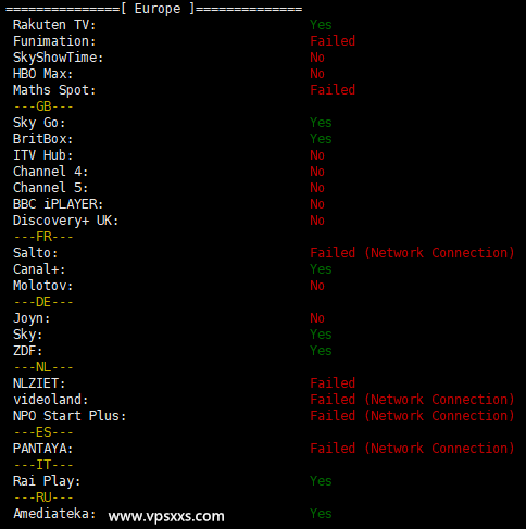 XSX Networt日本VPS欧洲流媒体解锁能力测试