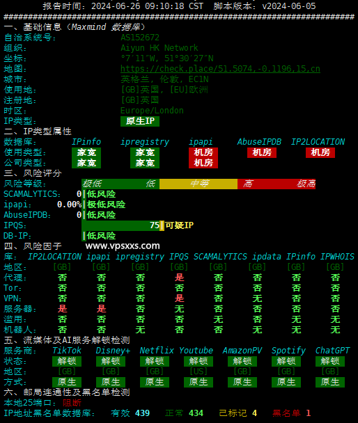 六六云英国原生IP VPS IP质量体检报告