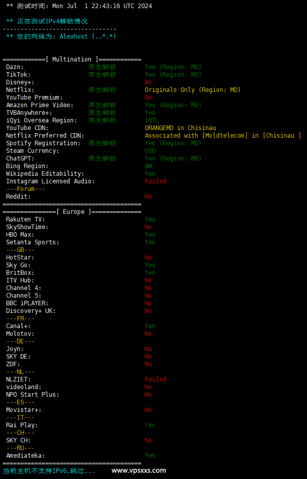 AlexHost摩尔多瓦抗投诉VPS欧洲流媒体解锁能力测试