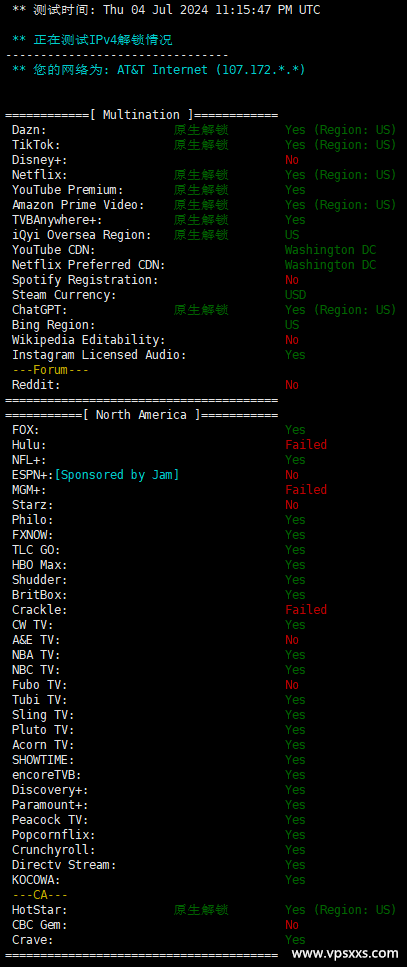 IPRaft美国华盛顿ATT线路VPS流媒体解锁能力测试