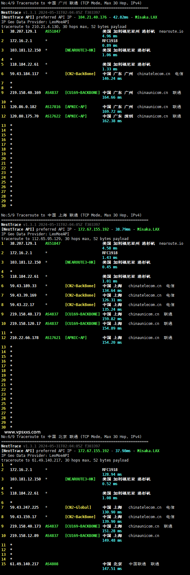 六六云美国CN2 GIA原生IP VPS联通回程路由