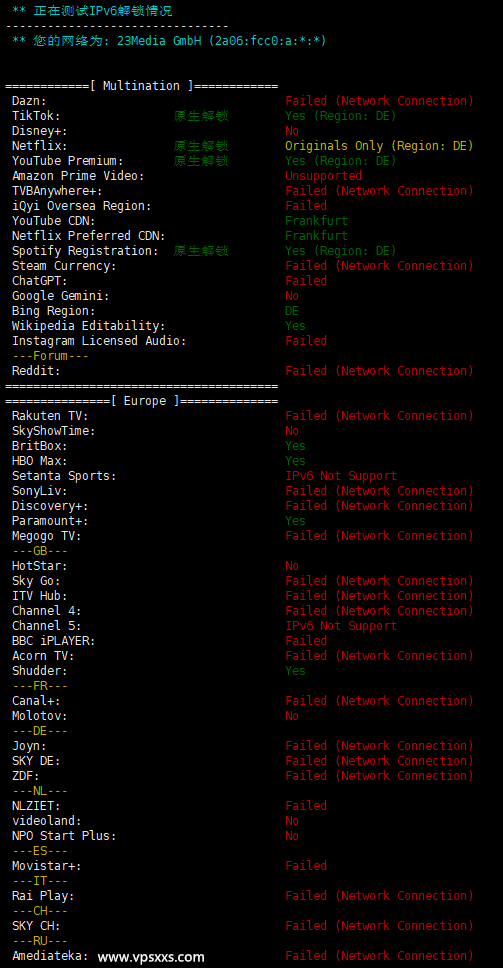 Friendhosting德国VPS流媒体解锁能力测试（IPv6）