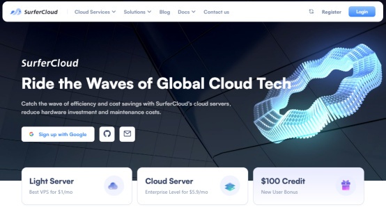 SurferCloud:新用户最高送$100,轻量云VPS全球同价$1/月起,云服务器低至$5.9/月,有Windows系统,可USDT付款