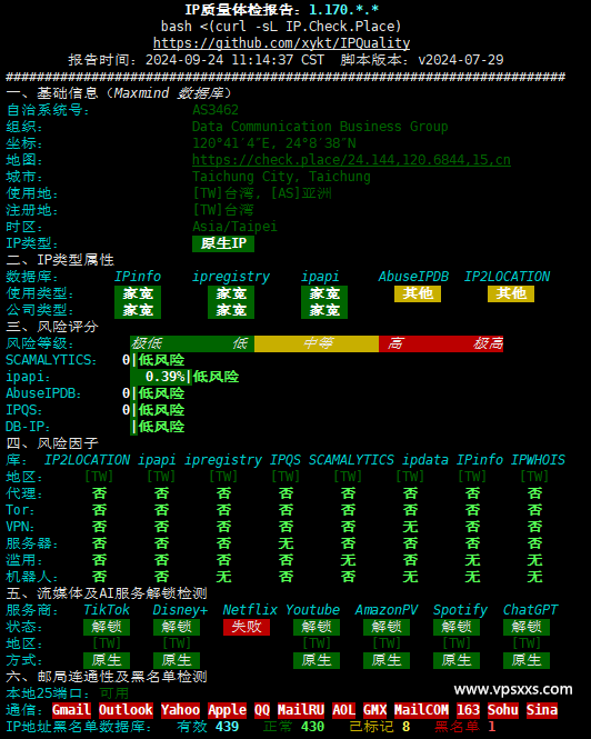 丽萨主机台湾双ISP住宅hinet动态IP VDS IP质量体检报告