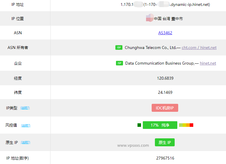 丽萨主机台湾双ISP住宅hinet动态IP VDS ping0.cc检测