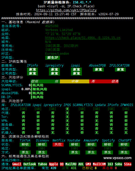 丽萨主机英国家宽IP VPS IP质量体检报告