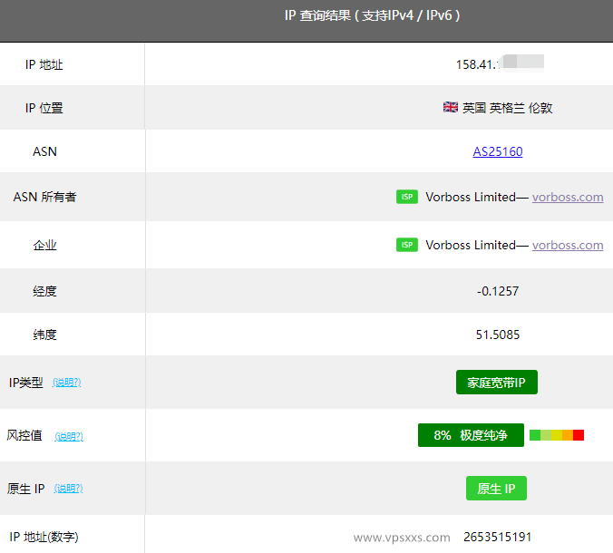 丽萨主机英国家宽IP VPS ping0.cc检测