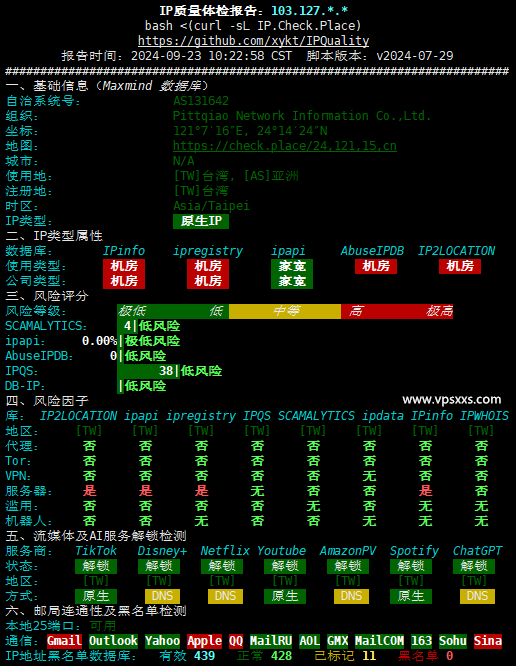 六六云中国台湾原生IP VPS IP质量体检报告