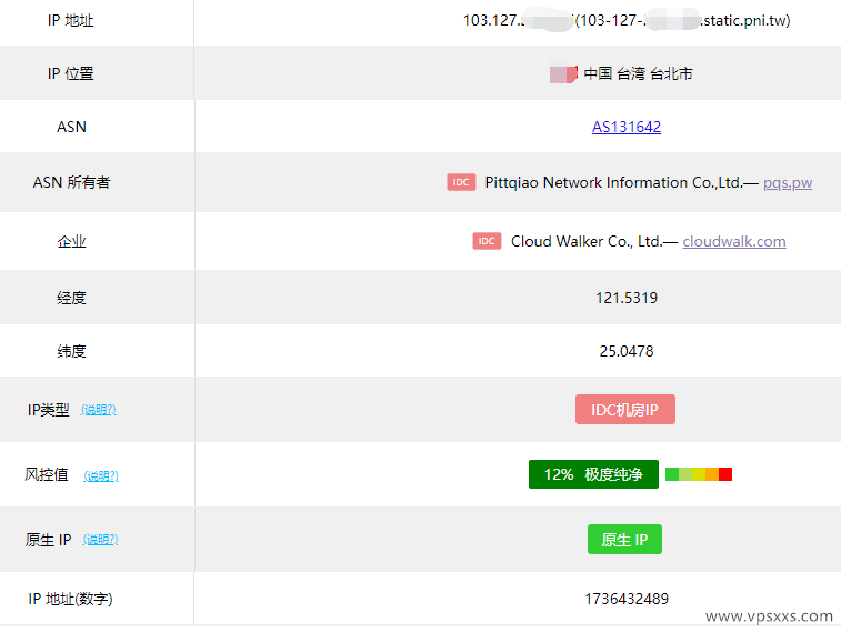 六六云中国台湾原生IP VPS ping0.cc检测