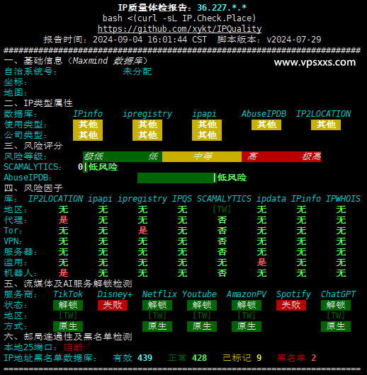 筋斗云中国台湾VPS IP质量体检报告