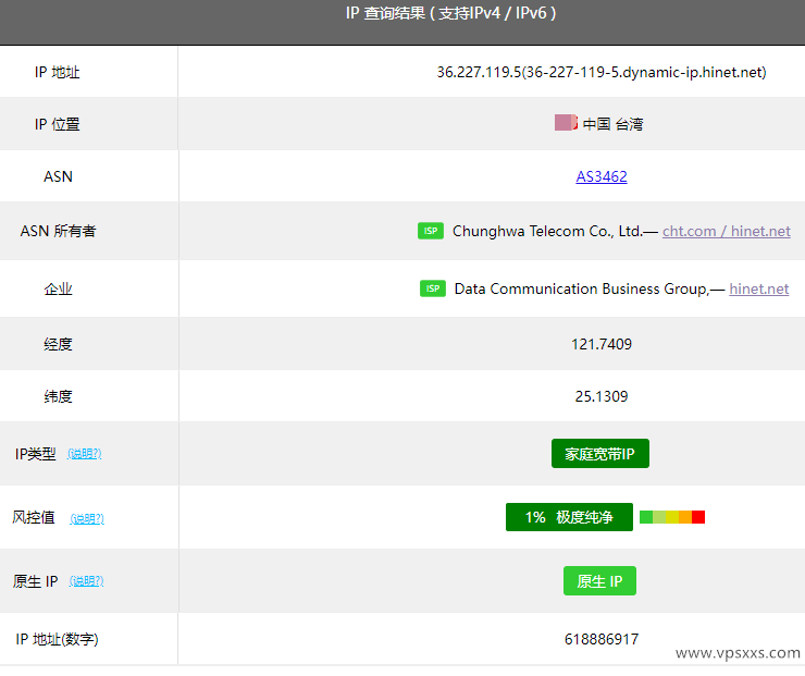 筋斗云中国台湾VPS ping0.cc IP检测