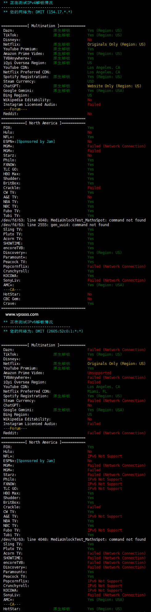 DMIT美国CMIN2线路VPS流媒体解锁能力测试