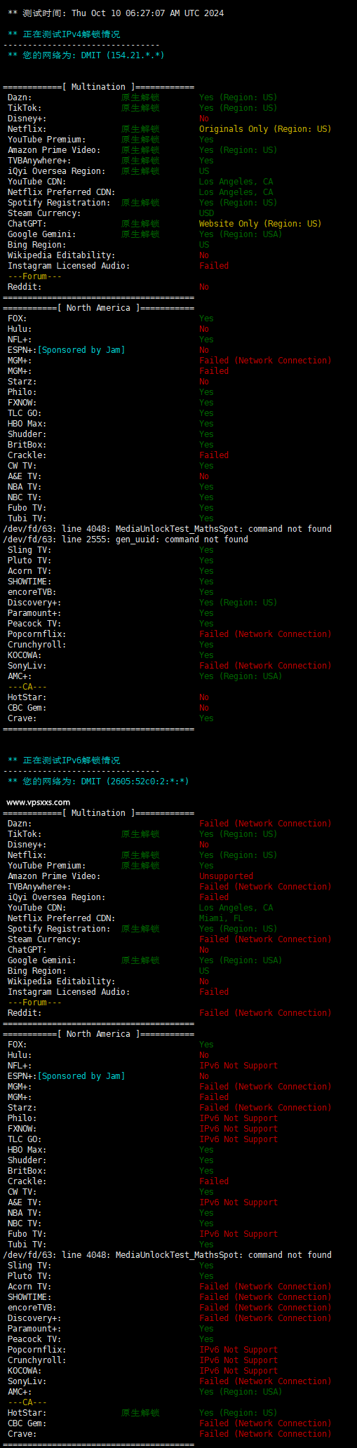 DMIT美国CN2 GIA VPS流媒体解锁能力测试