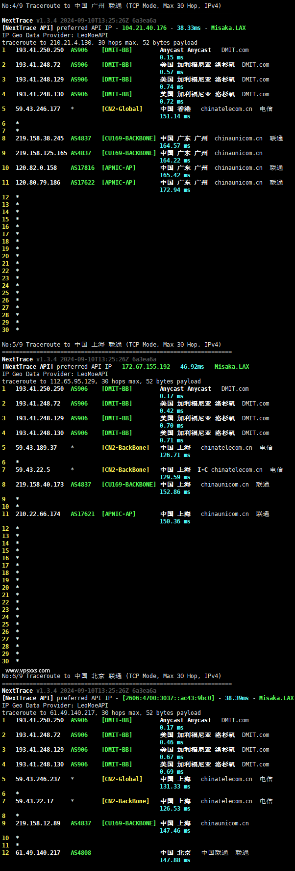 DMIT美国CN2 GIA VPS联通回程路由