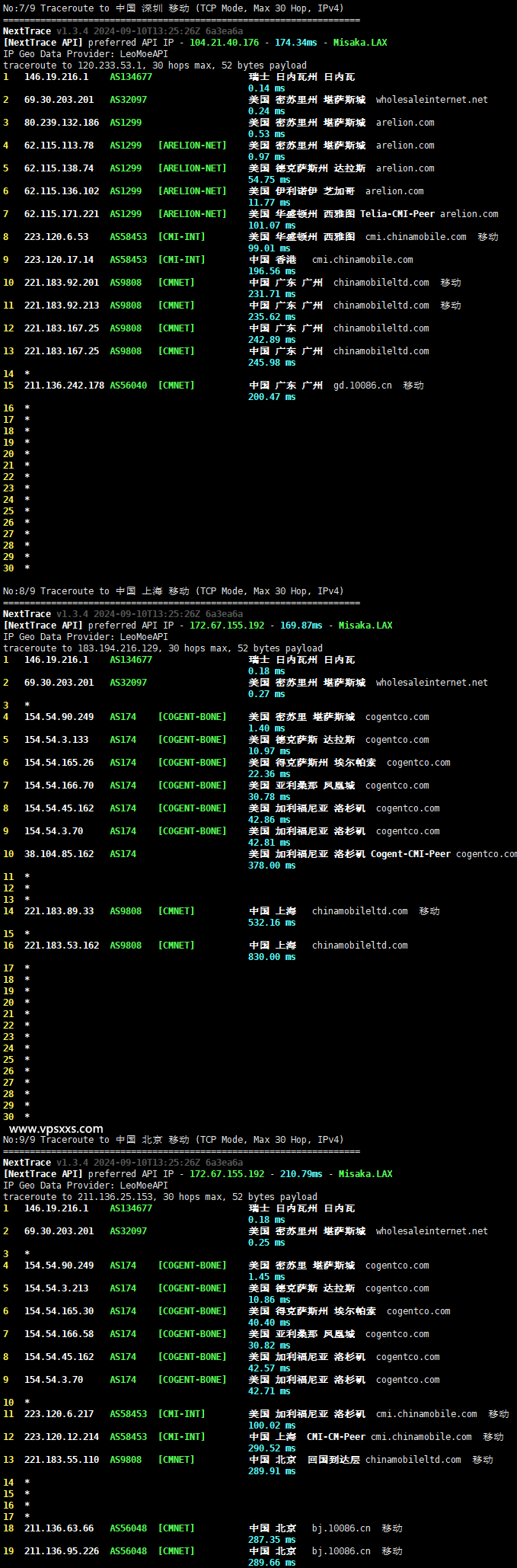 OrangeVPS美国堪萨斯VPS移动回程路由