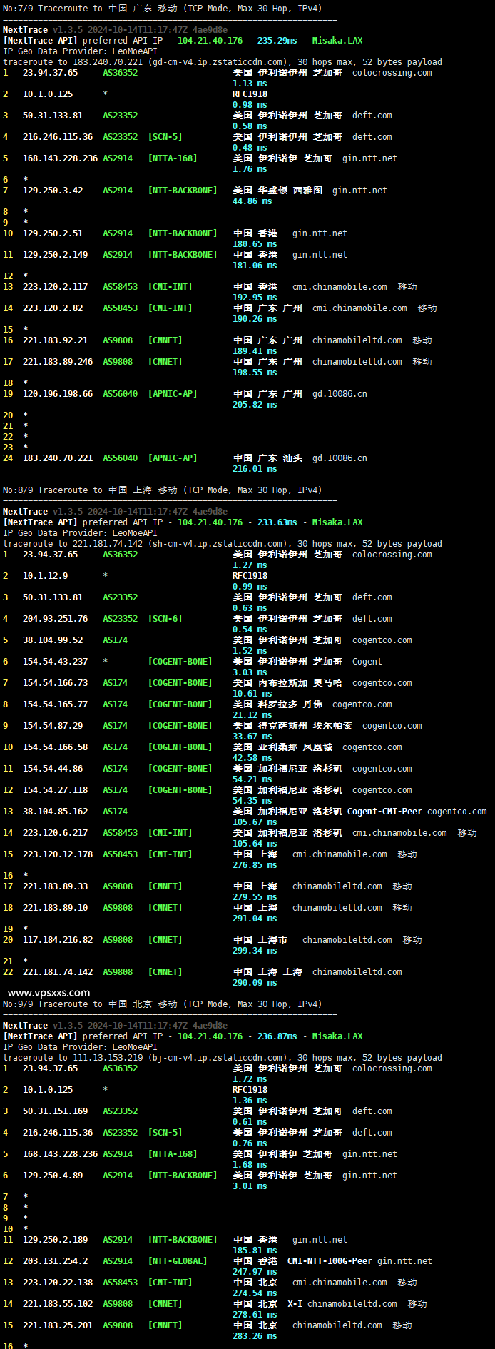 ColoCrossing美国芝加哥VPS移动回程路由