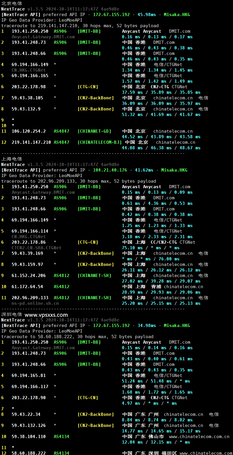 DMIT香港CN2 GIA VPS电信回程理由