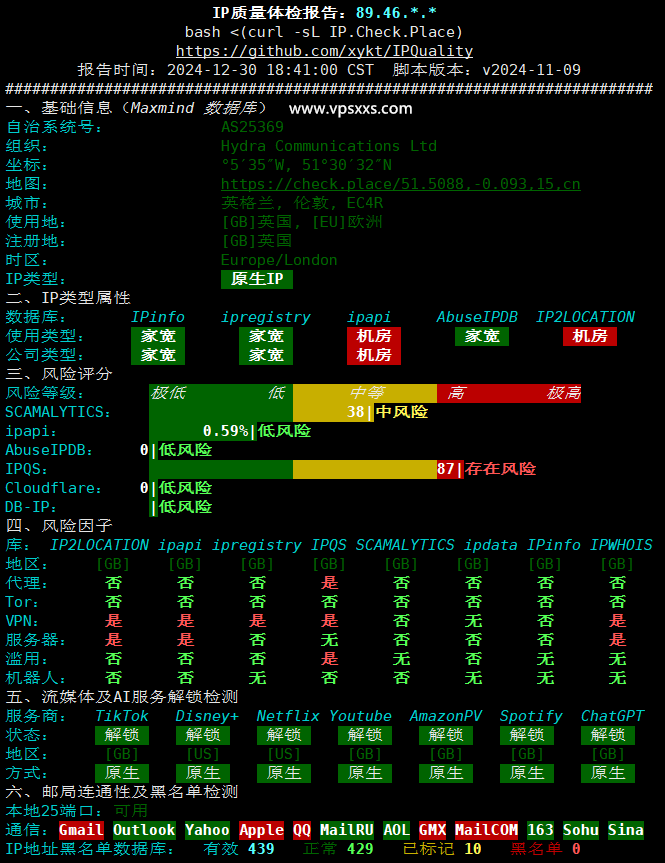 DigiRDP英国伦敦VPS IP质量体检报告