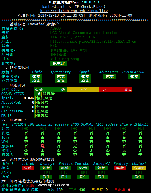 丽萨主机香港HGC家宽VPS IP质量体检报告