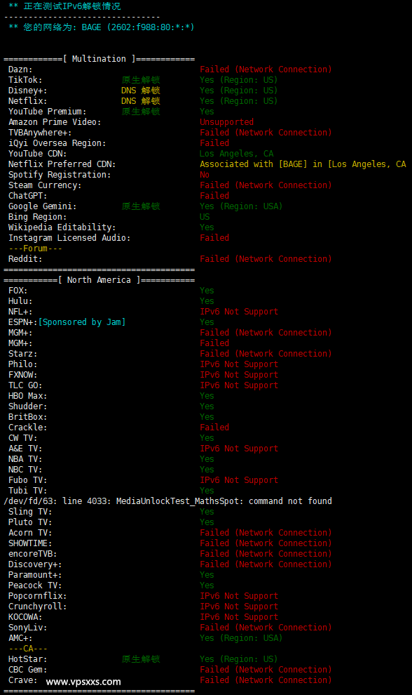 BageVm美国洛杉矶VPS IPv6流媒体解锁测试