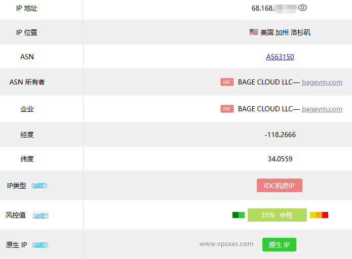 BageVm美国洛杉矶VPS ping0.cc检测