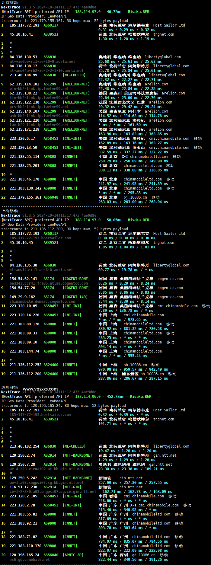 HostSailor荷兰VPS移动回程路由