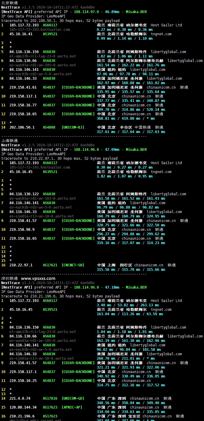 HostSailor荷兰VPS联通回程路由