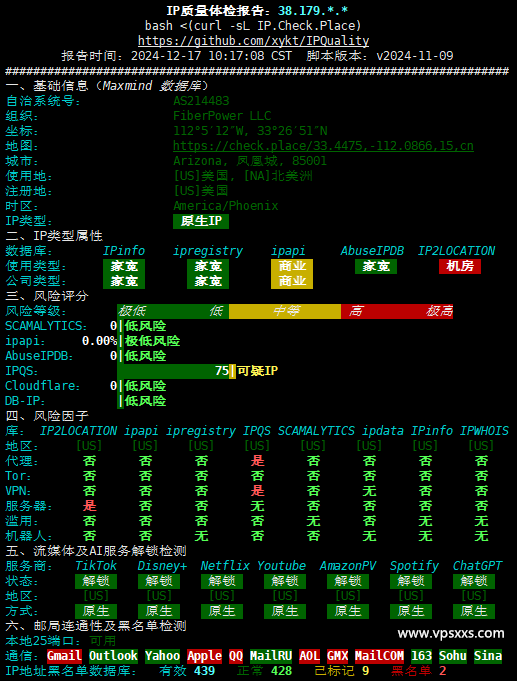 IPRaft美国凤凰城原生双ISP VPS IP质量体检