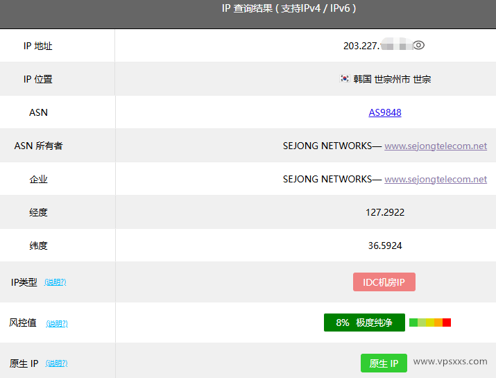 丽萨主机韩国双ISP家宽VPS ping0.cc检测