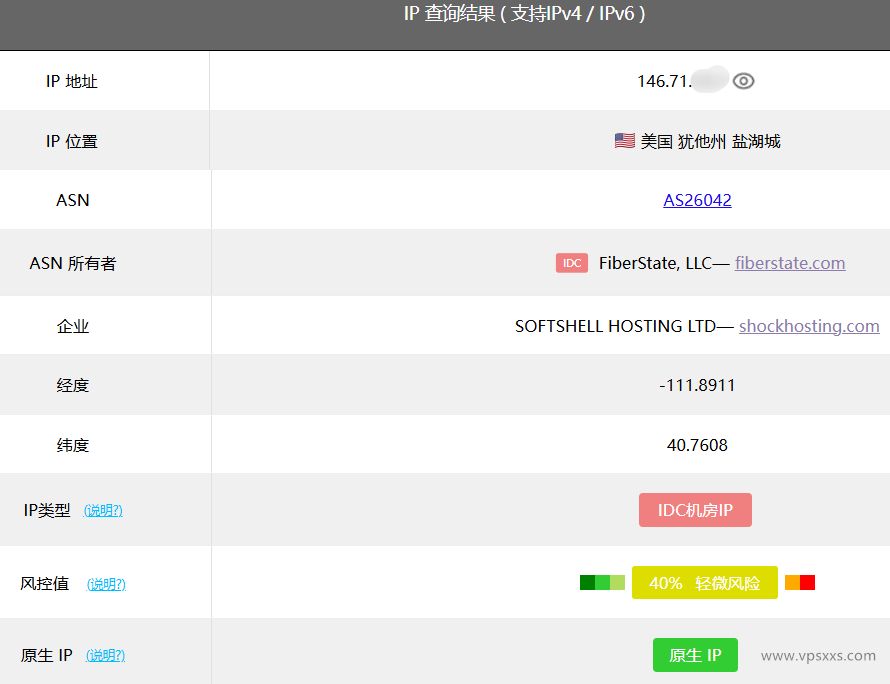 SoftShellWeb美国盐湖城VPS ping0.cc检测